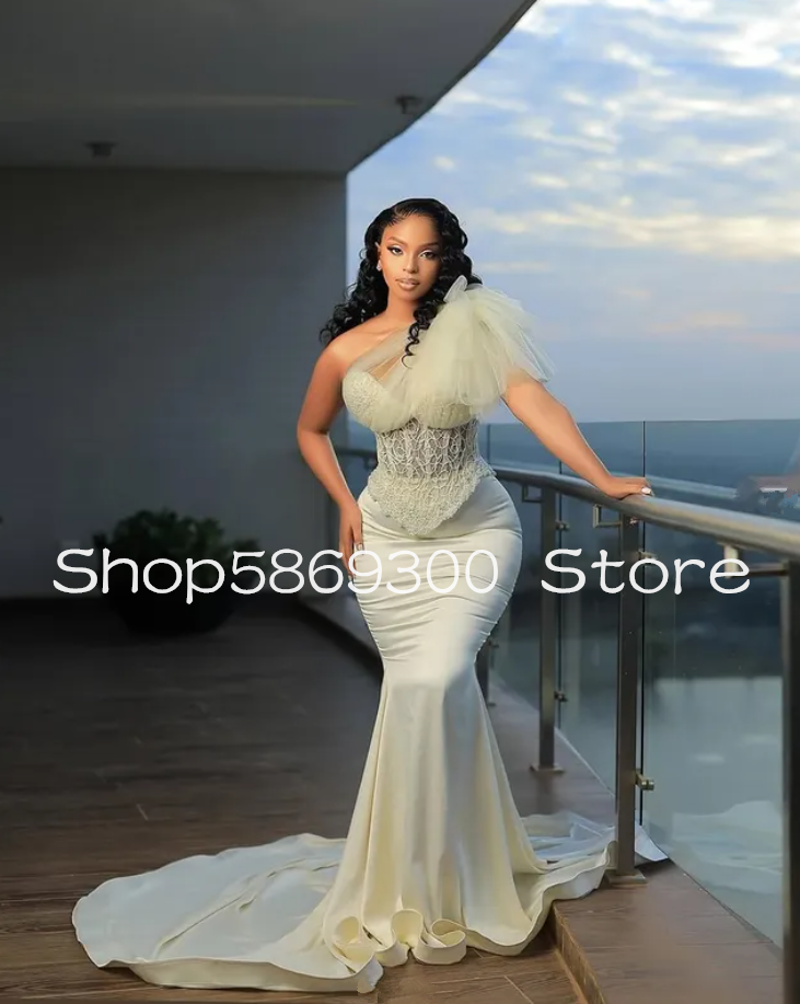 Luxury One-shoulder Long Mermaid Evening Formal Dresses Pearls Lace Ruffles Aso Ebi Prom Gala Gown Outfit Customsized