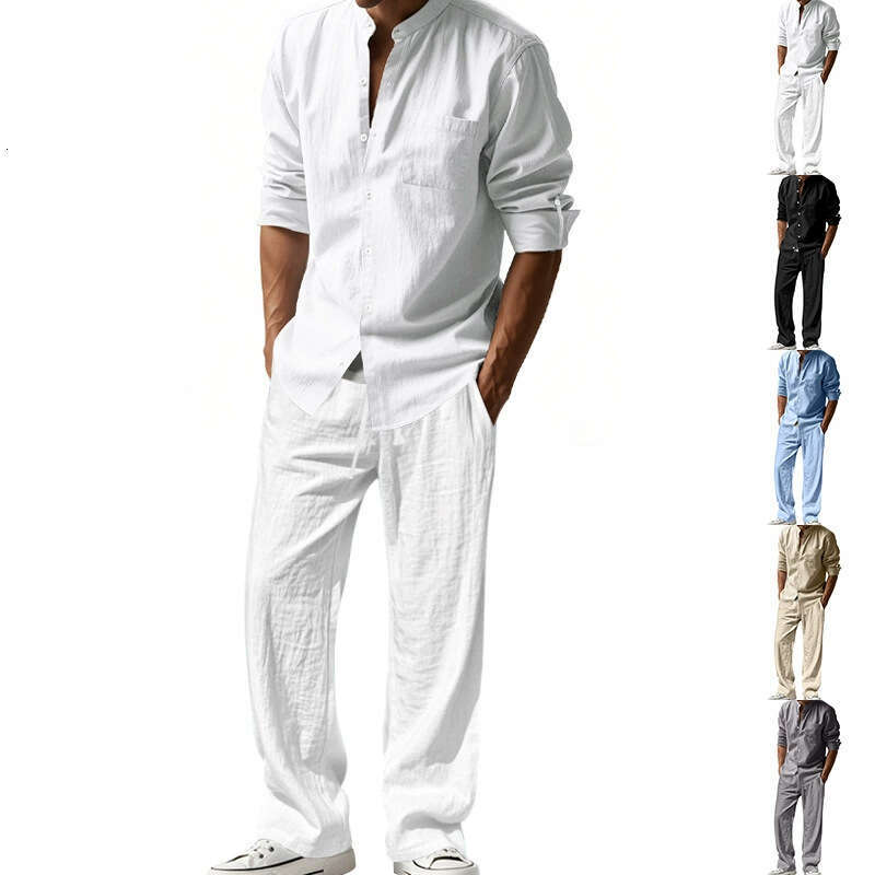 American Style Four Seasons Linen Men's Casual Loose Breathable Sleeve Long Pants Shirt Beach Set B5