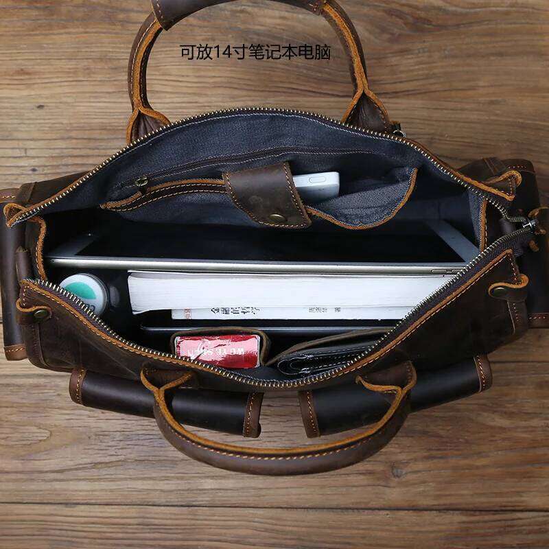 NZPJ Vintage Genuine Leather Men's Briefcase Crazy Horse Handbag Natural Cowhide Travel Casual Shoulder Crossbody Bag MDNG