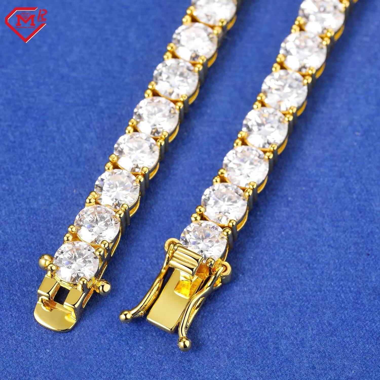 Luxury Moissanite Tennis Necklace White/Yellow Gold Plated 4MM 925 Silver Moissanite Tennis Chain
