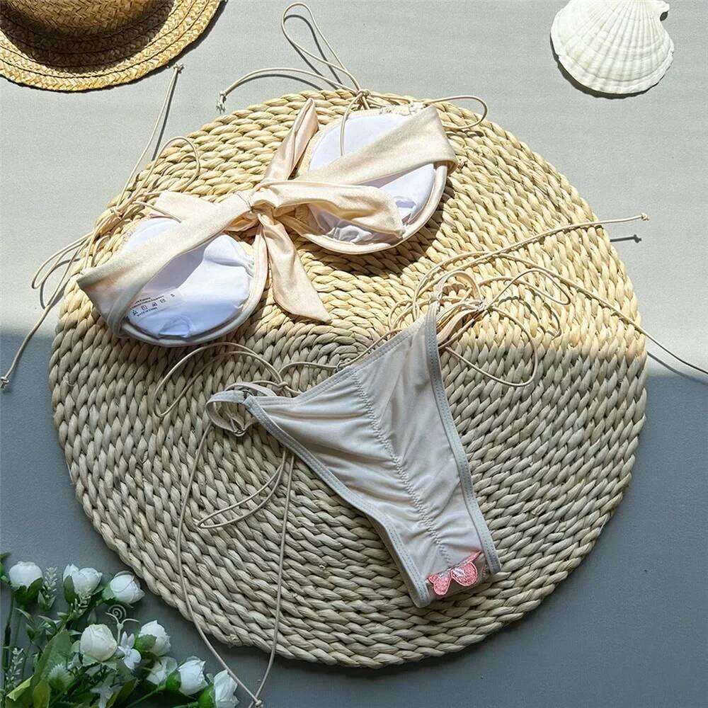 Red Flower Embroidery Swimwear String Bikini Micro Mini Thong Sexy Swimsuit Women 2025 Bathing Biquinis Brazilian Bikinis Sets