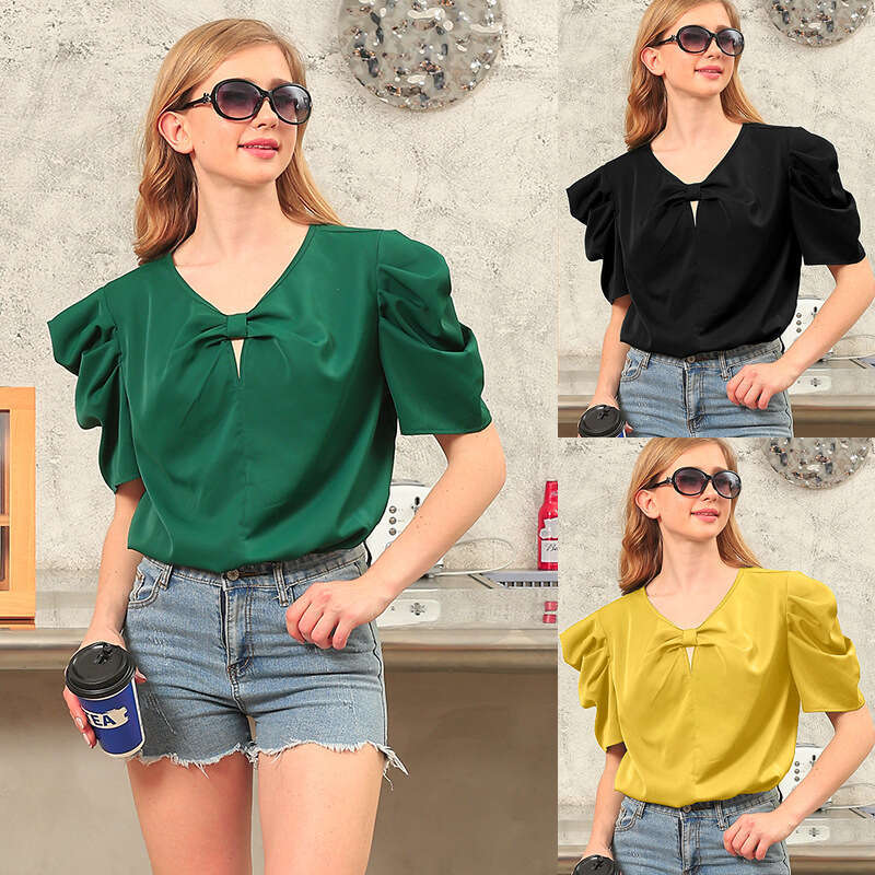Summer Women's Solid Color Puff Sleeve Bowknot V-Neck Slim Fit Sweet Fresh Versatile Base Shirt B5