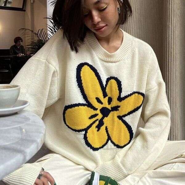 Lazy Floral Patchwork Color-Block Sweater For Women, Ins Style Loose Knitted Pullover, Round Neck Top B5