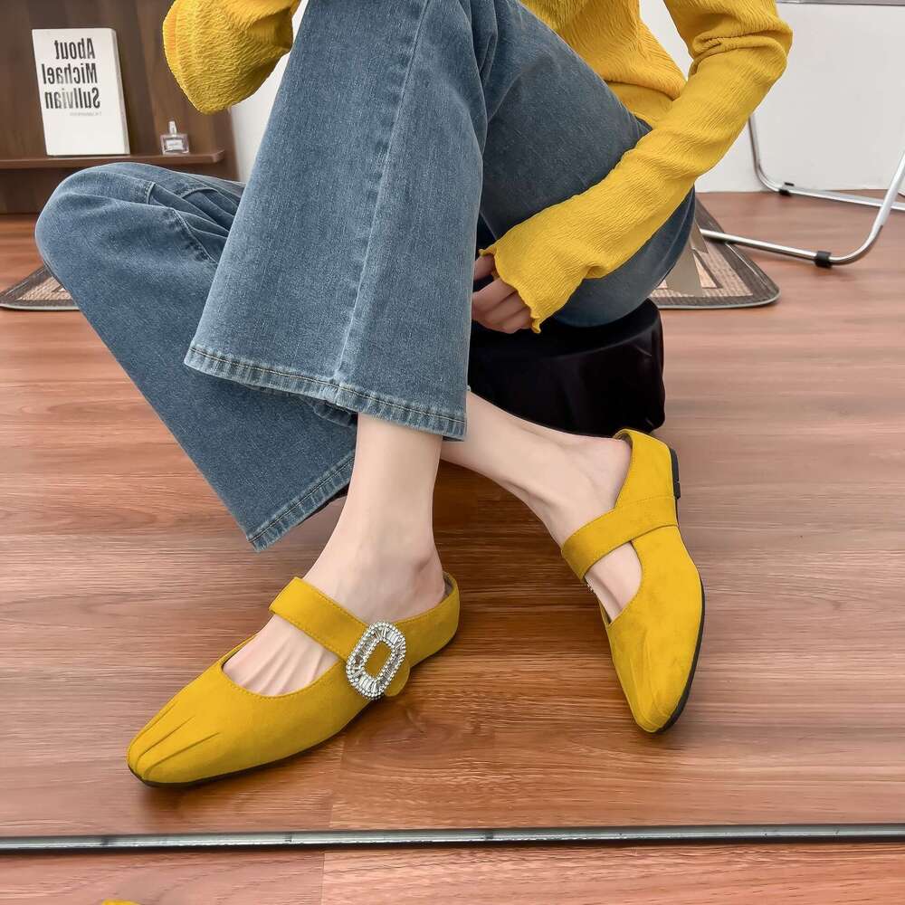 2025 French Style Half-Slip Mules Women's with Hidden Wedge Thick Sole Elegant Small Square Toe Ruched Mary Jane Shoes for Women