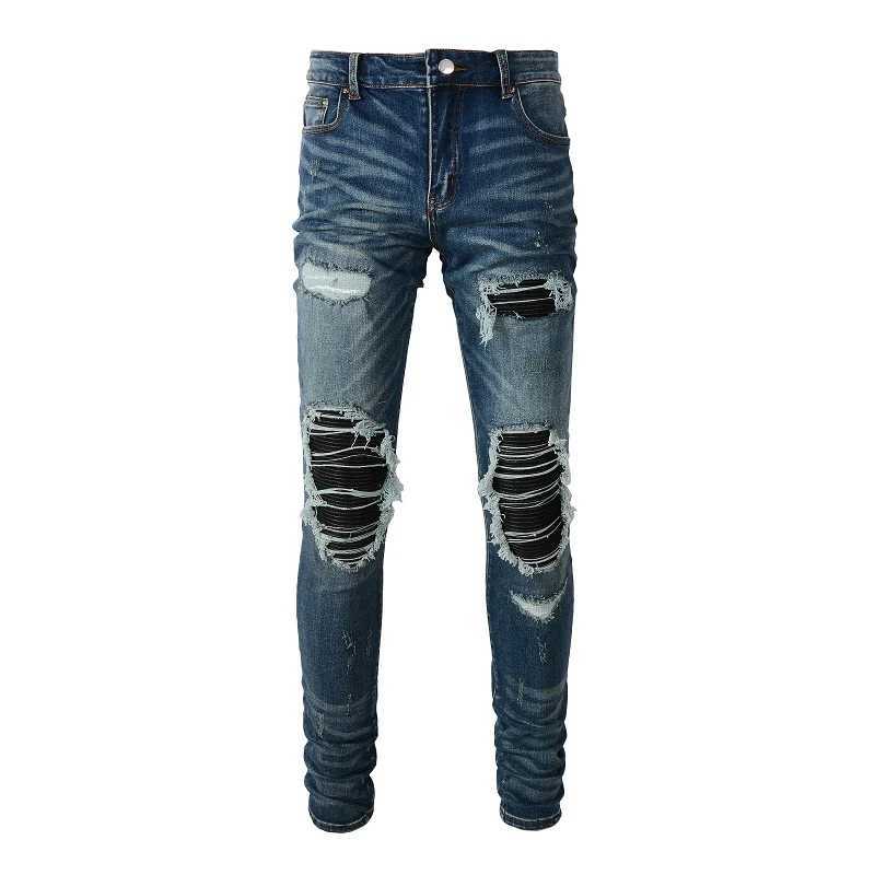 Men Leather Patch Biker Jeans Skinny Tapered Stretch Denim Blue Pants Streetwear Patchwork with Holes and Ripped Trousers X250718