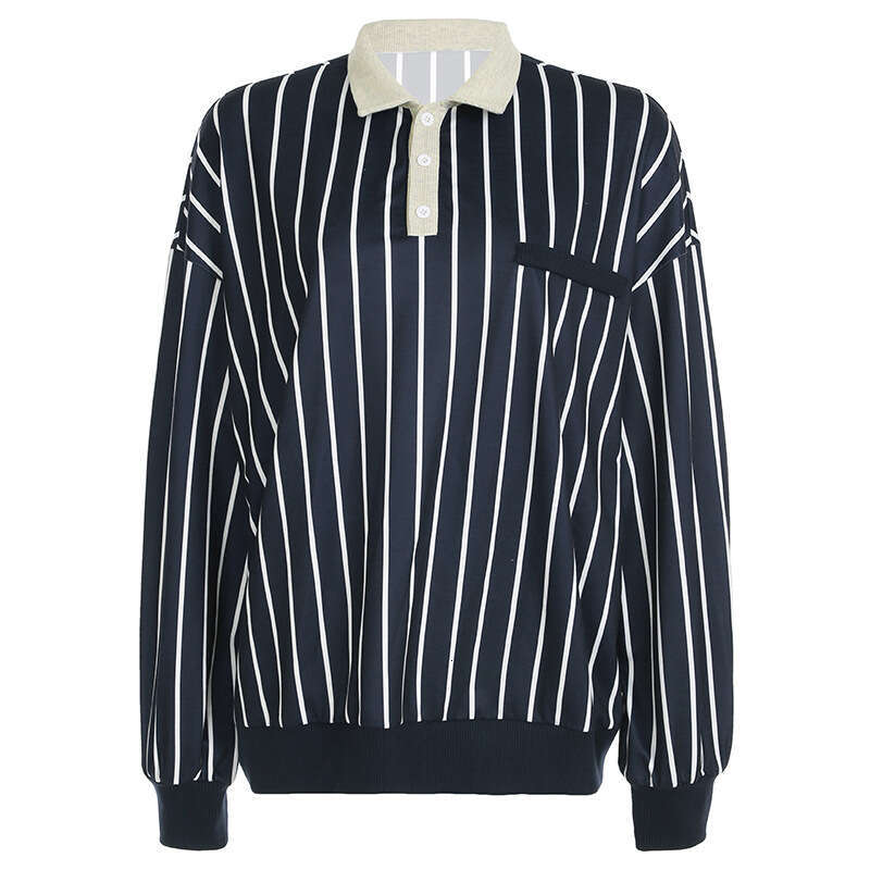 American Street Style Striped Polo Collar Loose Casual Sweatshirt Trendy Brand Hot Girl Lazy Color Block Top B5