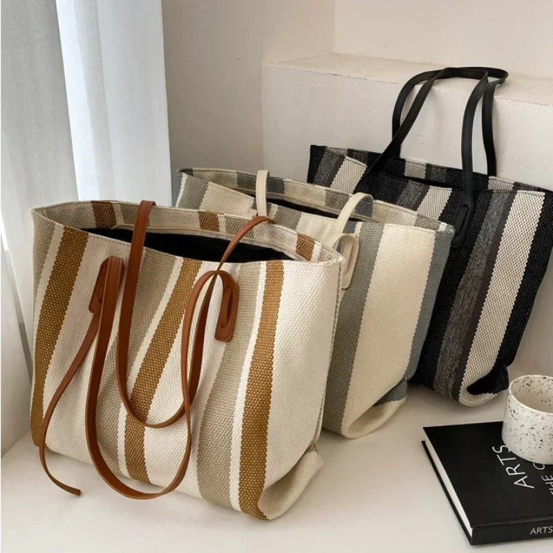 Raffia Summer Bags for Woman Stripe Shoulder Crossbody Shopper Storage Bag Women Casual Canvas Handbag Tote Bag 250715