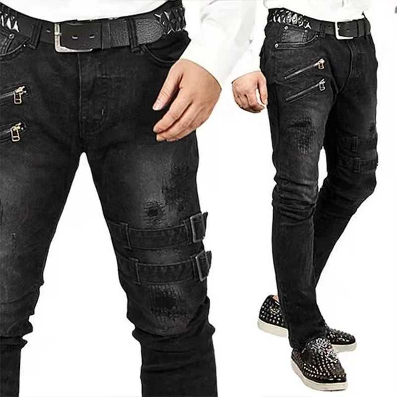 Street Skinny Ripped Jeans Men Denim Cargo Pants Wash Solid Color Casual Mid Waist Trousers Slim Daily Wear Joggers Y2K Clothing X2507181