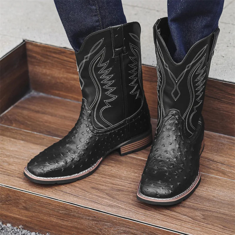 Mens Classic Retro Western Cowboy Boots Embossed Leather Mens Fashion Embroidery Mid-Calf Boot High top Casual Shoes for Men 250715