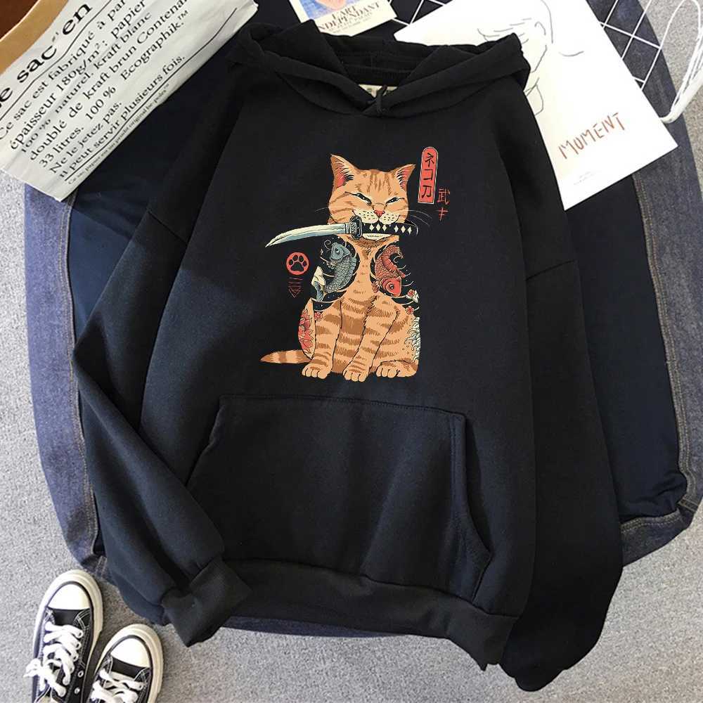 Japanese Cartoons Cat Ukiyo E Print Women Hoodie Hip Hop Face Pullovers Creativity Crewneck Clothing Face Loose Womens Hoodie XJ250717