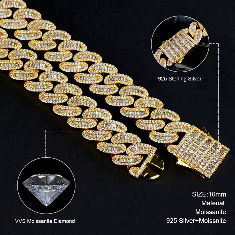 15MM Iced Out Moissanite CZ Cuban Link Chain Necklace Pass Diamond Test GRA Two Tones 925 Sterling Silver Plated VVS Hip Hop