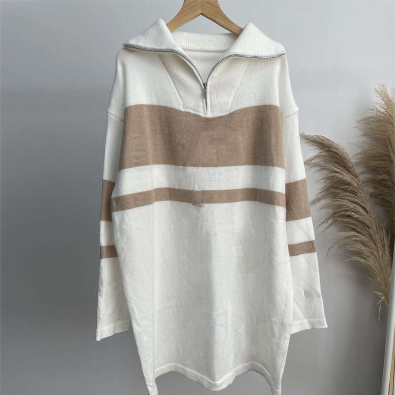 Ins Style Zipper Pullover Sweater Women, Loose Soft Knitted Long Sleeve Dress, Color Block Patchwork Top For Women B5