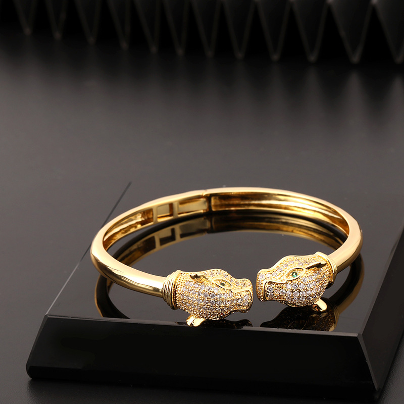 Leopard Print Open Cuff Bracelet 18K Gold Plated Hip Hop Bangle with Zircon Stones Animal Jewelry for Women and Men
