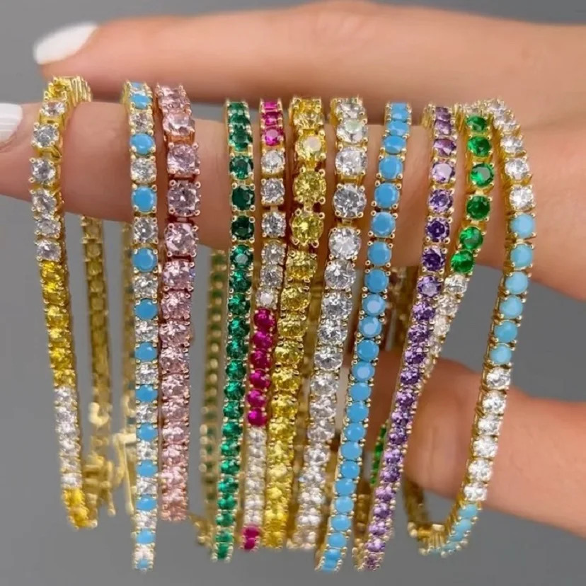 Arrived Fashion Women Jewelry Gold Color High Quality 5A Cubic Zirconia Colorful CZ Tennis Chain Bracelet 250717