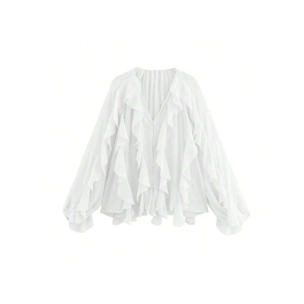 TRAFZA Spring Summer Women's V-Neck Layered Decorative Versatile Long Sleeve Shirt Pullover Top For Women B5