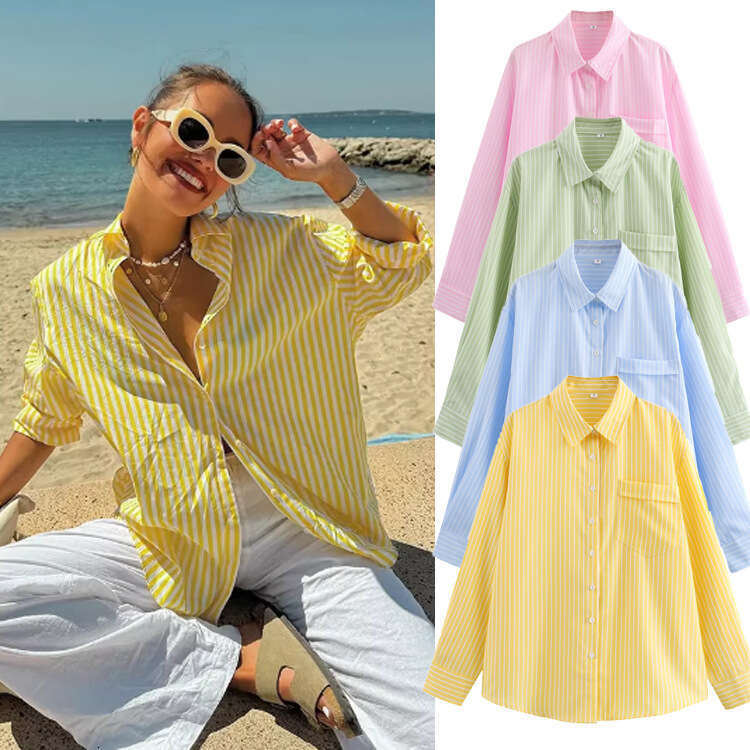 TRAFZA Long Sleeve Summer Sun Protection New French Design Sense Turn-Down Collar Loose Casual Shirt B5