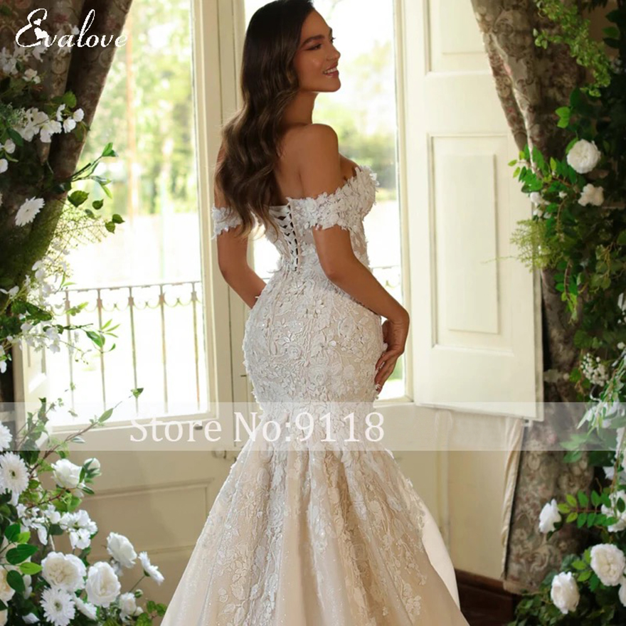 Customized Romantic Sweetheat Lace Up 3D Flowers Mermaid Wedding Dress Sexy Off-Shoulder Appliques Beading Trumpet Bridal Gown