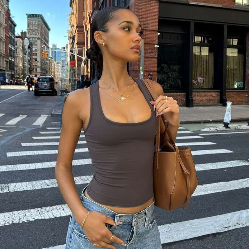 Ins Style Women's Spring Summer New Fashion Hot Girl Solid Color Sleeveless Square Neck Inner Layer Base Vest Top B5
