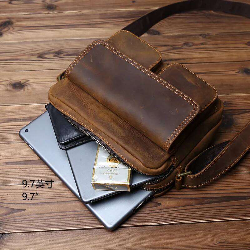 NZPJ Retro Leather Men's Messenger Casual Top Layer Cowhide Shoulder Bag Horizontal Backpack Suitable For 9 Inch Ipad MDNG