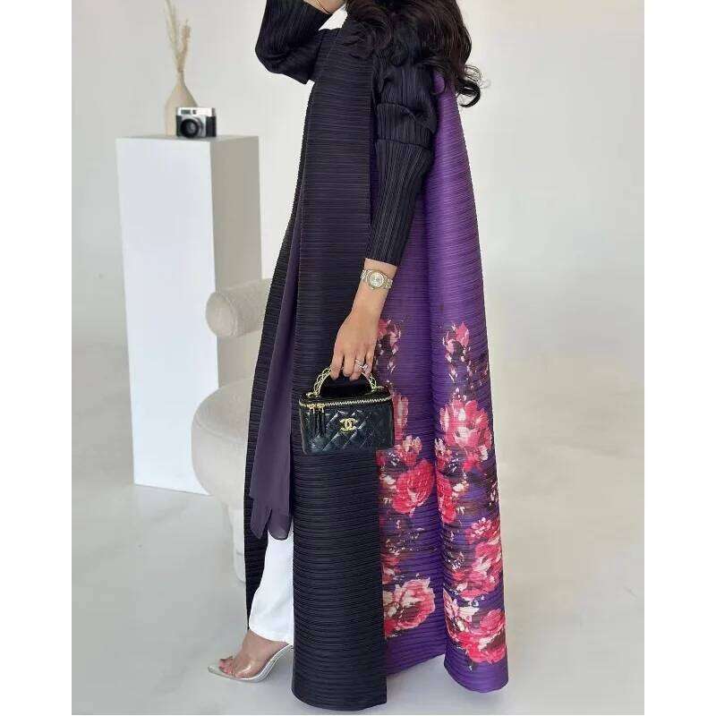 New Women's Long Trench Coat Abaya Shat Original Designer Printed Patchwork Folded Dress Robe 2024 Autumn