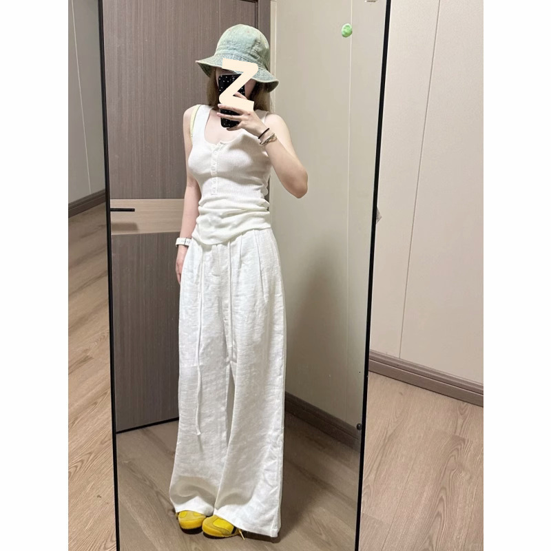 Extended White Wide-Leg for Women Summer Thin High-Waisted Cotton Loose Straight-Leg Linen Casual Pants
