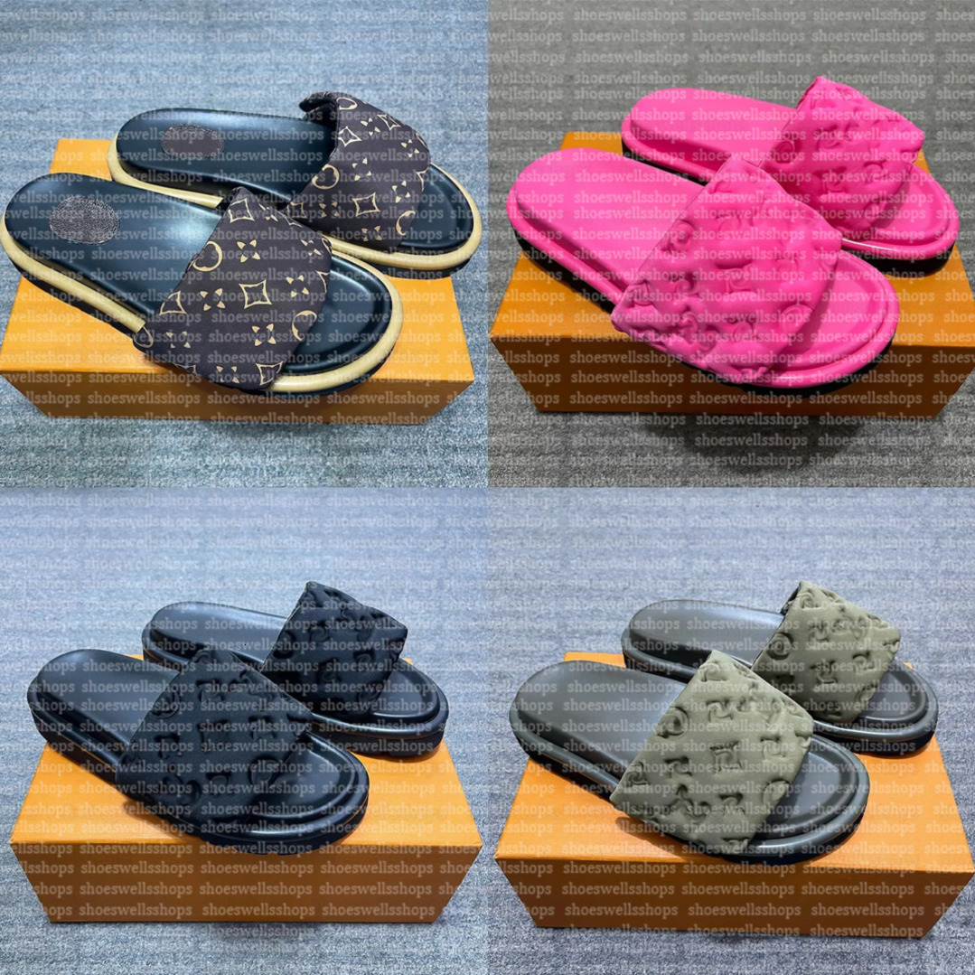 Designer Sliders Women Men lvs Slides Pool Pillow slippers Flat Comfort Mules Slides Classic Prints Embossed Summer Sandals Black Grey Beach Shoes slippers 09
