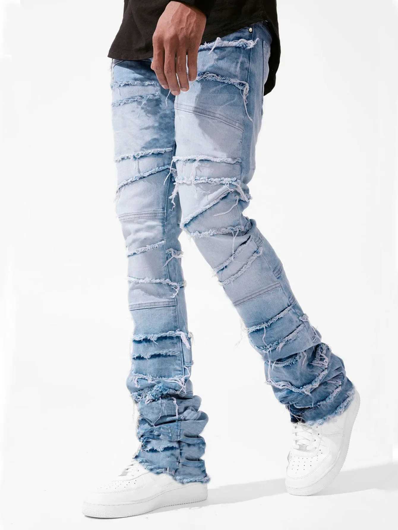 New Stacked Jeans Men Patchworks Spliced Denim Ripped Wash Frayed Pants Mens Streetwear X250718