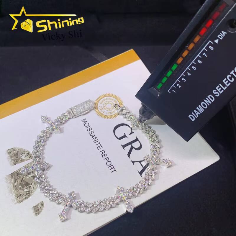 Fine Jewelry Iced Out Cross Design Moissanite Cuban Bracelet 925 Sterling Silver 6mm Hip Hop Cuban Link Bracelet