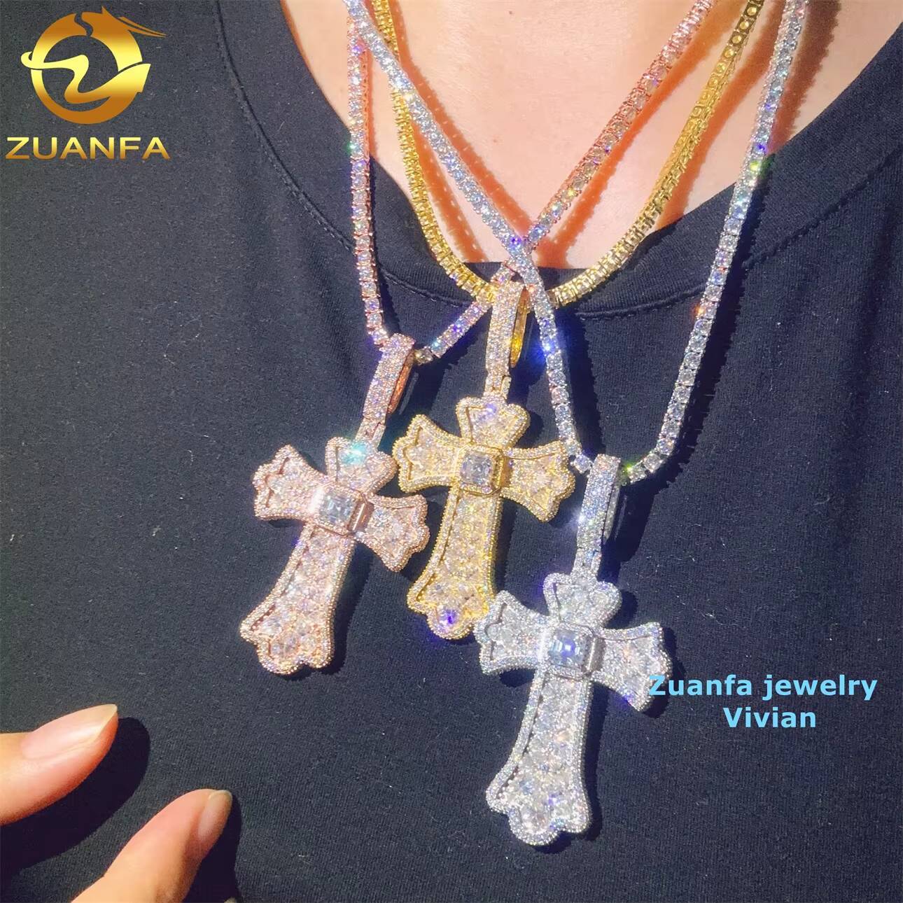 Custom Hip Hop Moissanite Diamond Pendant VVS Color Sterling Silver 925 Iced Fine Jewelry Moissanite Cross Pendant