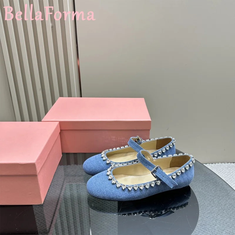 Ballet Style Round Toe Mary Jane Flats Rhinestones Light y Sweet Elegant Casual Silk Denim Sheepskin Onestrap Shoes 250717