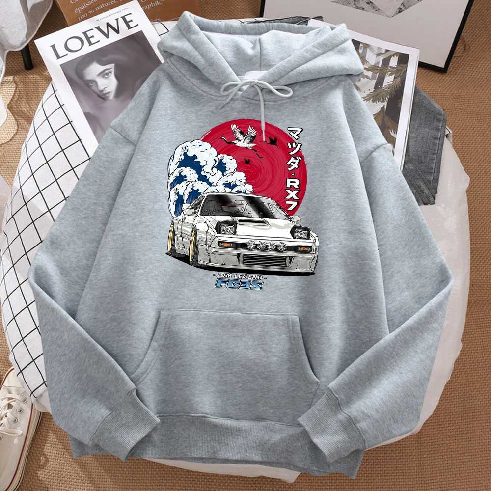 Japanese Car Waves Crane Red Sun Prints Hoodie Men Fashion Oversize Sweatshirt Autumn Pocket Warm Hooded Hipster Soft Streetwear XJ250714