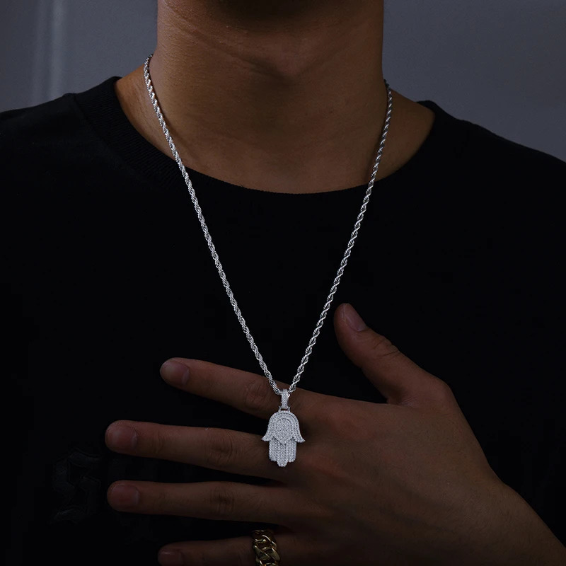 Iced Out Bling Hamsa Hands Pendants Necklaces S925 Silver Charm For Men Women Hip Hop Jewelry Passed Diamond Test 250717
