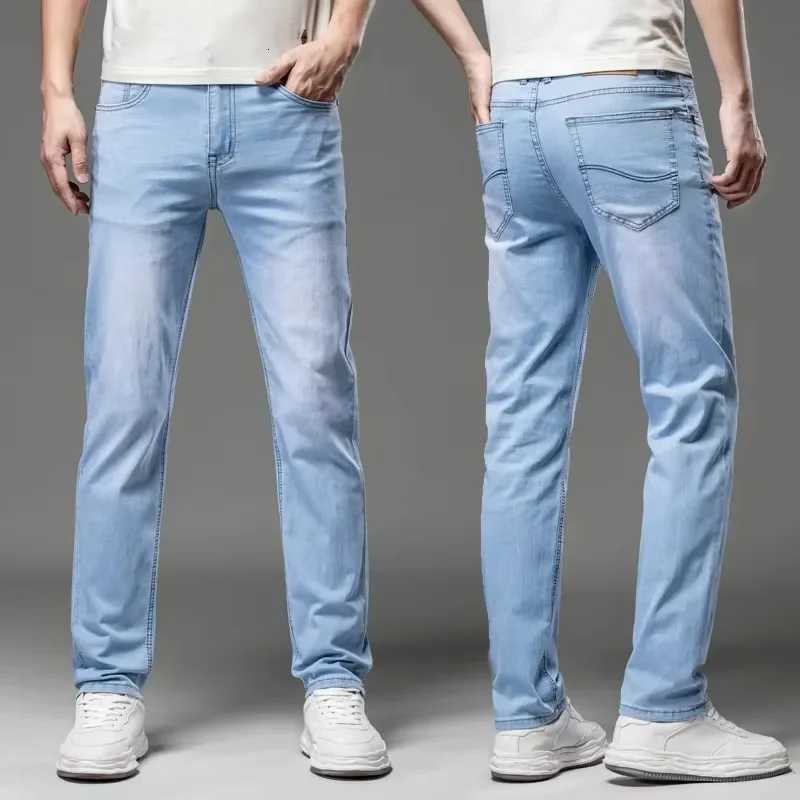 2025 Spring Summer Thin Jeans Classic Style Fashion Stretch Regular Fit Denim Trousers Mens Brand Washed Light Blue X250718