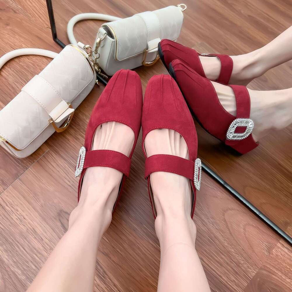 2025 French Style Half-Slip Mules Women's with Hidden Wedge Thick Sole Elegant Small Square Toe Ruched Mary Jane Shoes for Women