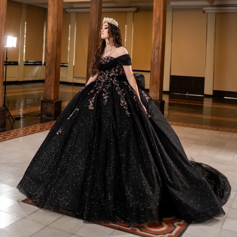 Black Shiny Quinceanera Dresses Ball Gown Off The Shoulder Sequin Applique Lace Beading Tull Party Birthday Sweet 16 Dress Vestidos 15 Anos