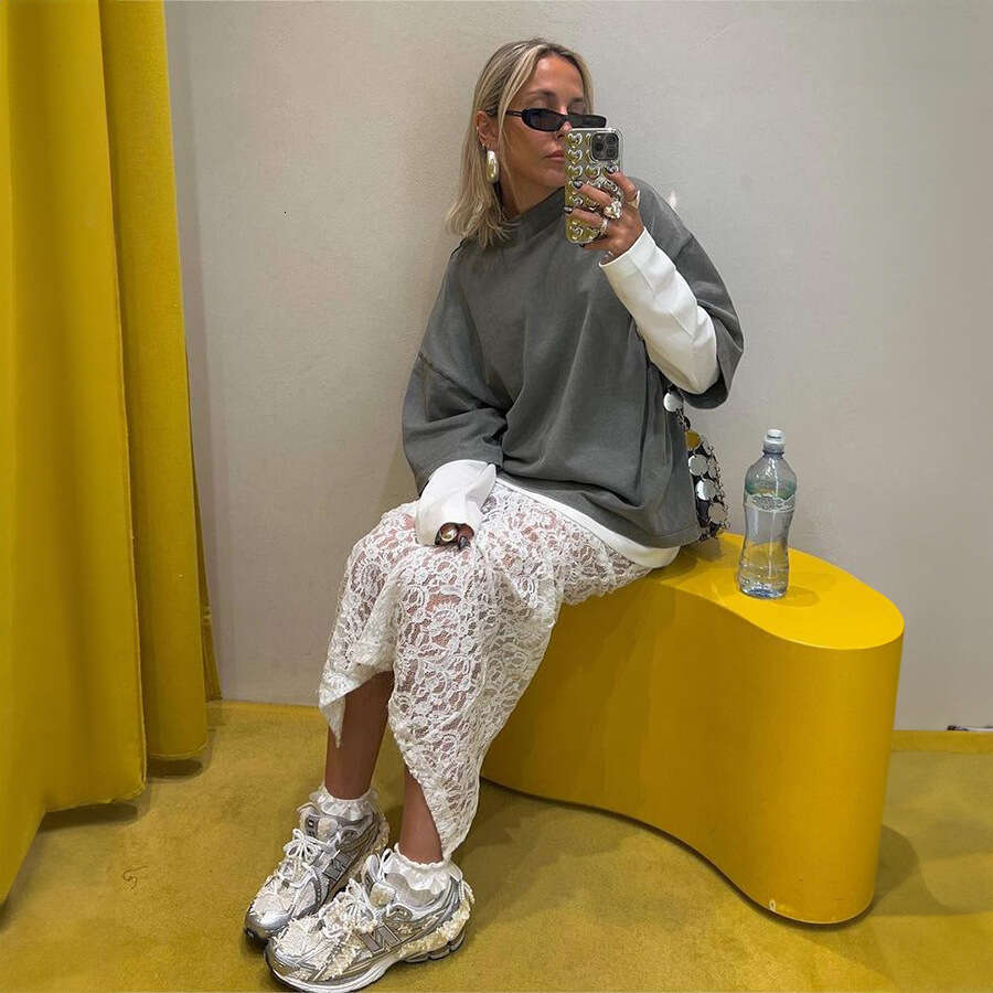 White Summer Street Fashion Jacquard Hollow Back Split Lace Midi Skirt B5