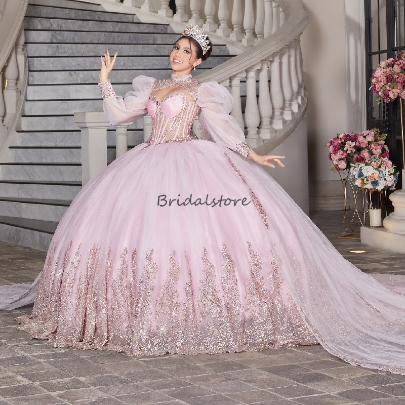 Luxury Pink Vestidos De 15 Quinceanera Long Sleeve Crystal Beaded Tulle Sweet 16 Dress Fifteen Birthday Vestidos De Xv Anos 2025 Formal Occasion Princ