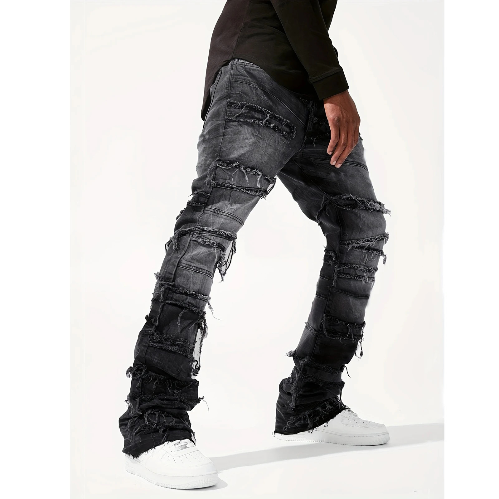 Mens Denim Pull-On Jeans Tiered Raw Trim Pockets Straight Leg Full Length Leisure Trousers Fashion Streetwear 250716