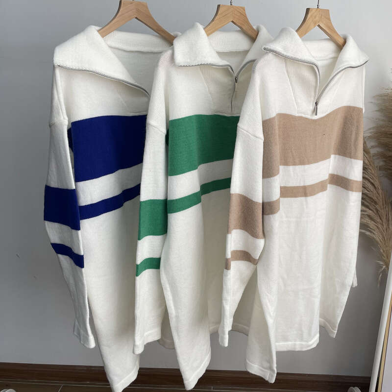 Ins Style Zipper Pullover Sweater Women, Loose Soft Knitted Long Sleeve Dress, Color Block Patchwork Top For Women B5