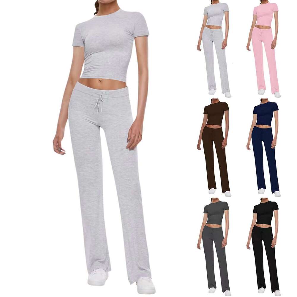 American Style Basic Solid Color T-Shirt + Casual Pants Cuffed Waist Short Sleeve Hot Girl Sports Set B5