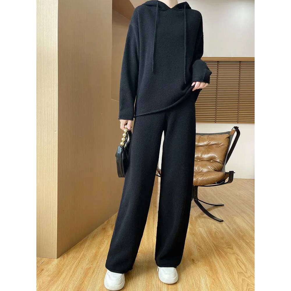 Women Hooded Pullover Straight Pant Suit Autumn Winter 100% Merino Wool Knitwear Sweater Pants Casual Loose Set Clothes