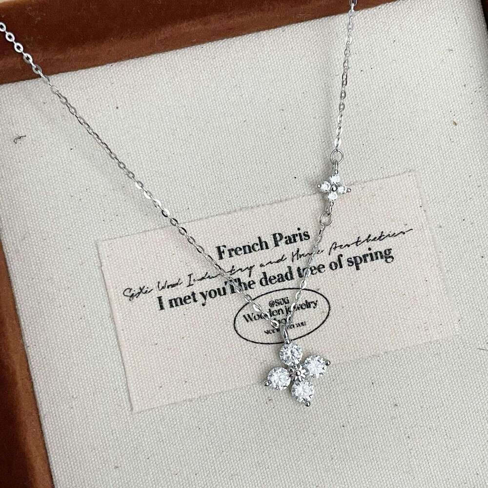 Tiqi S Pure Sier Super Shiny Four-Leaf Clover Necklace for Women, Socialite Style, High-End Full Dia Flower Light Clavicle Chain Trend