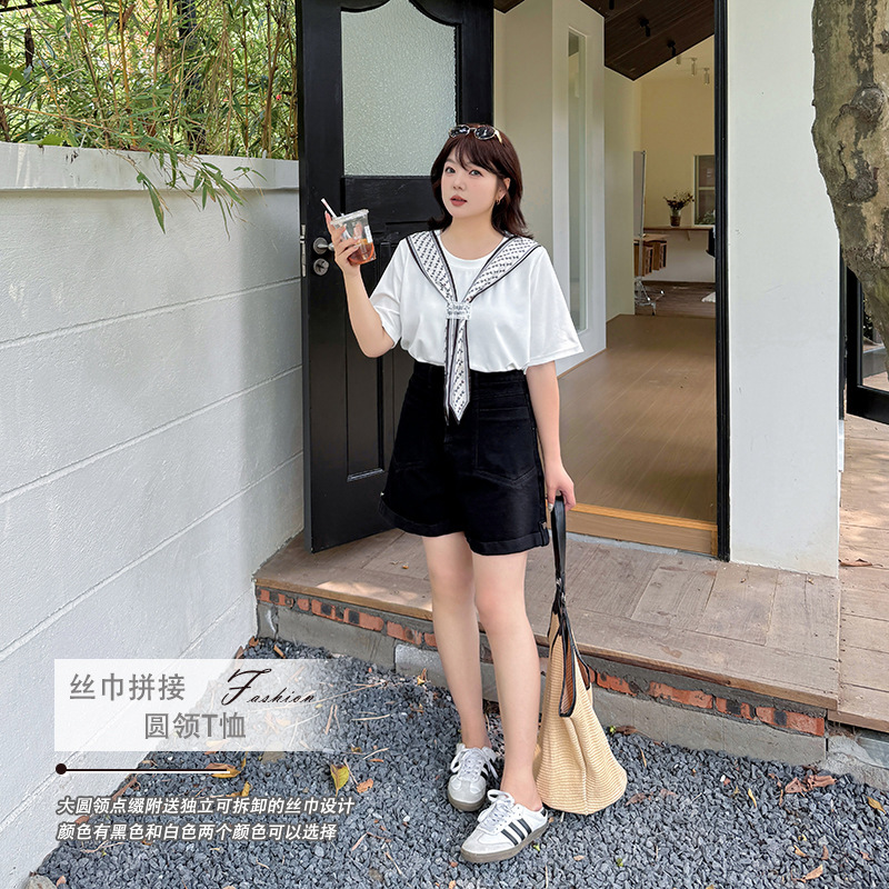 Shuangtian Plus Size Women's Clothing 2025 Summer New Fashion Tie Patchwork Round Neck T-Shirt 8980