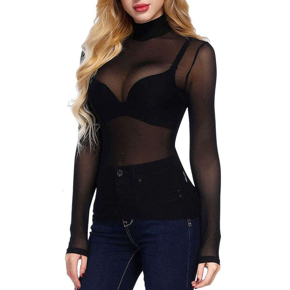 Summer Women's Sexy Ultra-Thin Mesh Stretch Tight-Fitting Long-Sleeve Half-High Collar Base Shirt B5