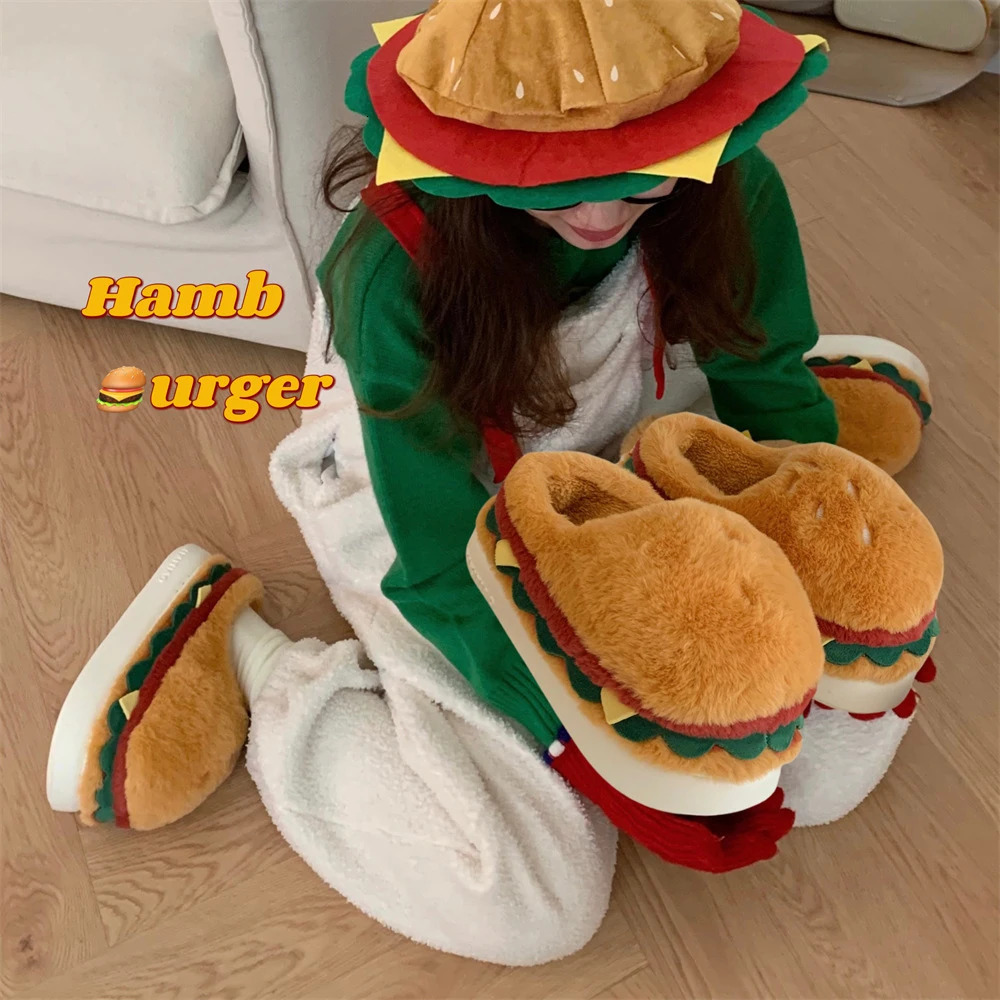 Fuzzy hamburger shoes men creative indoor slippers winter man half shoes mens chunky slippers unisex home thick warm plush shoes 250717