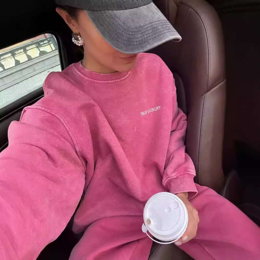 25 Autumn Winter New Pure Cotton Printed Vintage Top + Pants Simple Letter Loose Knitted Sweatshirt Set B5