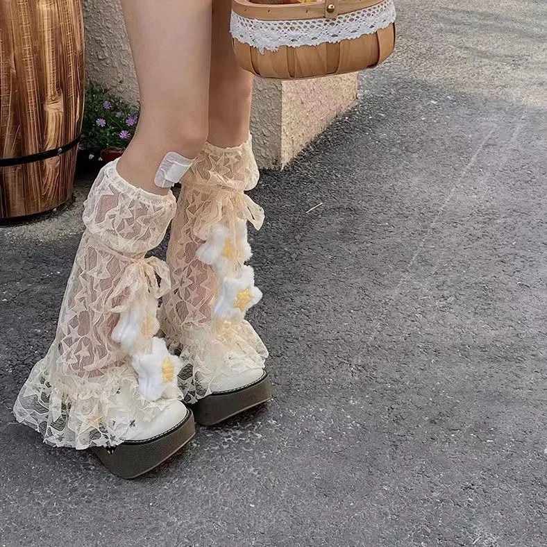 Y2k Sweet Lace Leg Cover Plush Star Lolita Love Cute Lace Summer Thin Stockings Leg Warmers Japanese JK Accessories Sock 250717