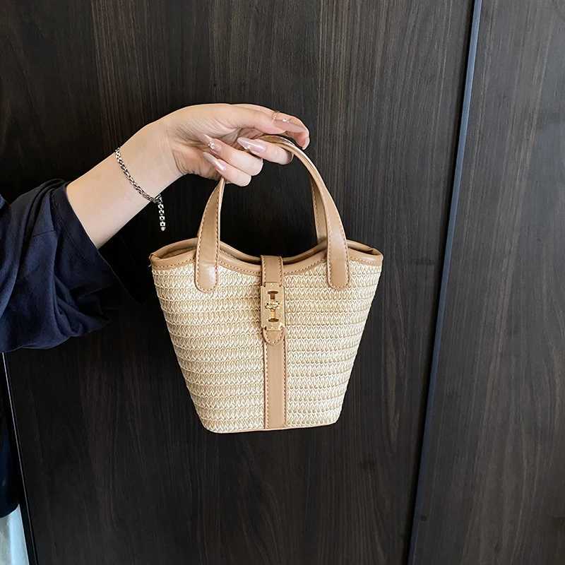 Women Small Basket Bag PU Leather Straw Weaving Handbag Summer Travel Bag Female Shoulder Cross Body Bag Short Handle Bag Z250718