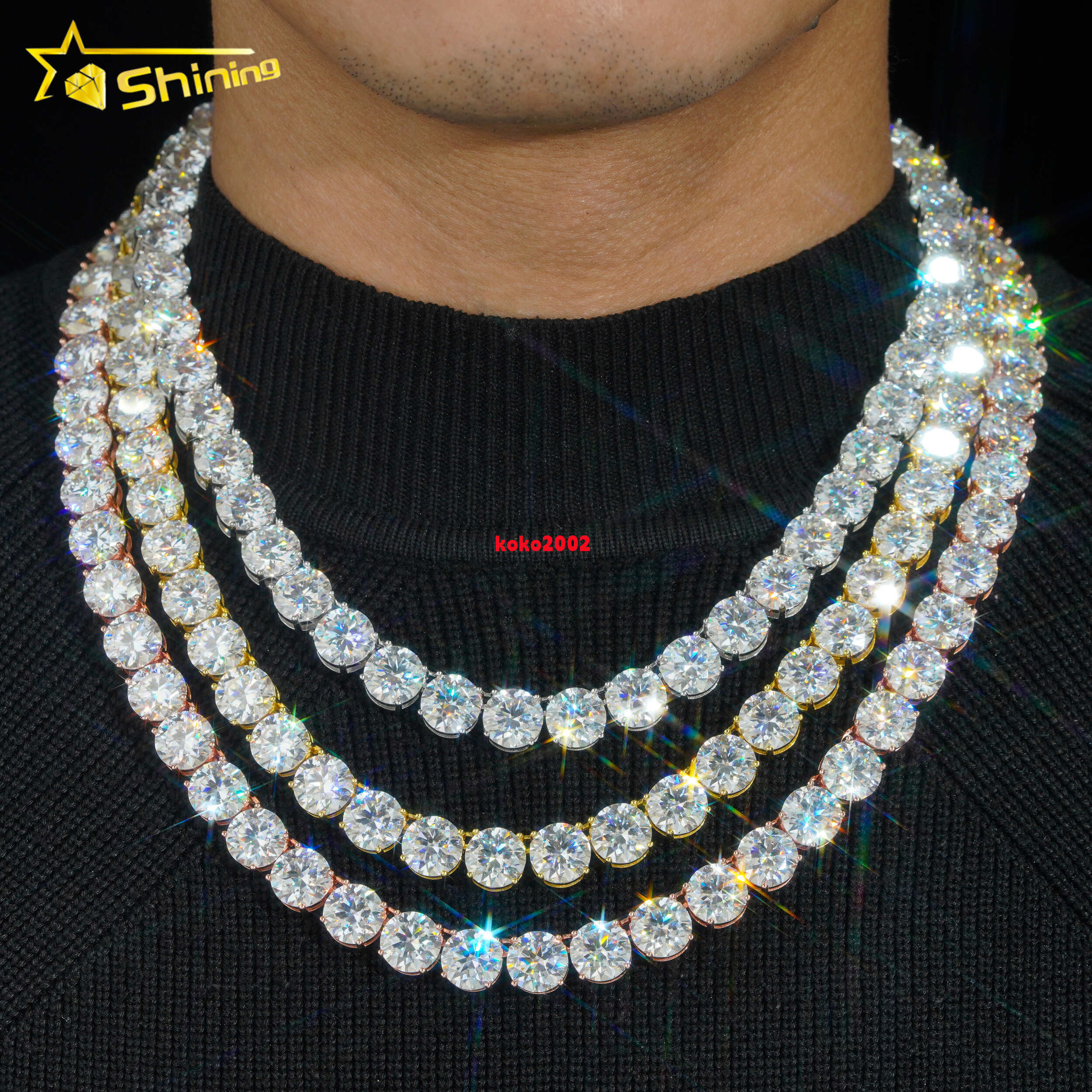 New Stock 8mm 10mm Big Hip Hop Necklace Luxury Bling 925 Silver Gold Plated Claw Set Lab Diamond Moissanite Tennis Chain