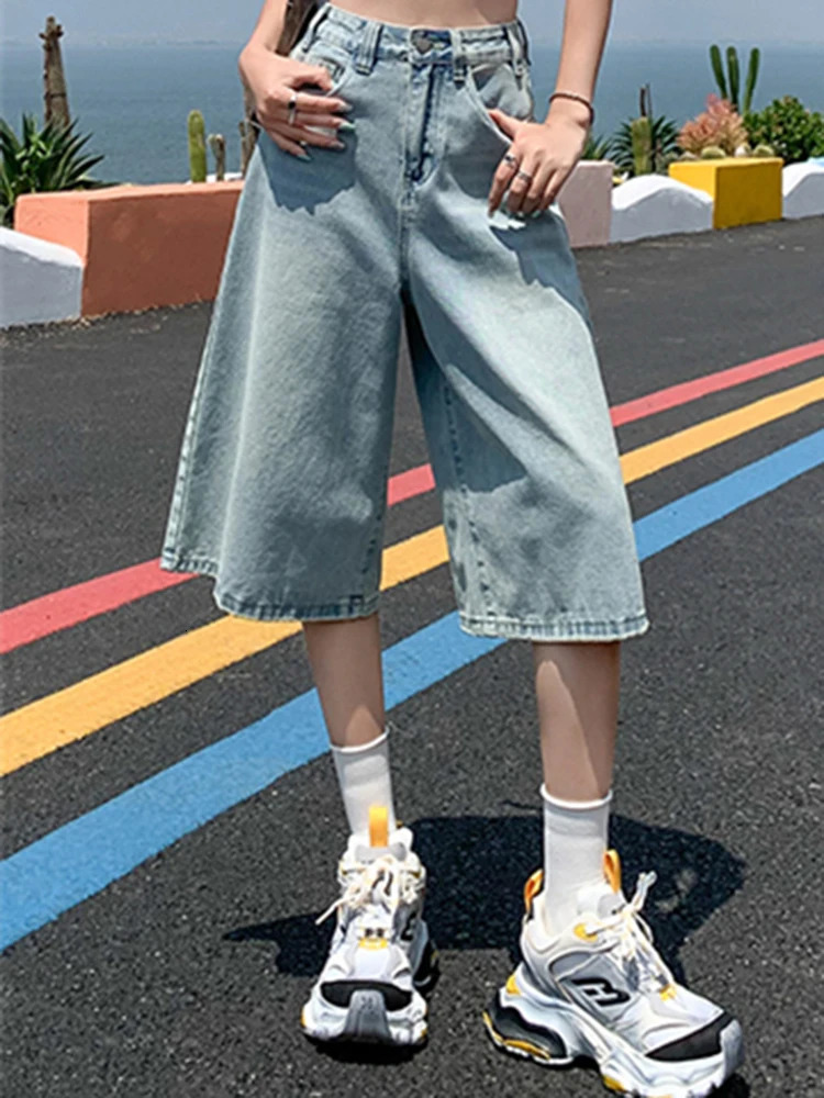 Female Summer American Vintage Baggy Denim Cropped Pants Woman High Waist Washed Wide Leg Jeans Light Blue Loose A Line Shorts 250714